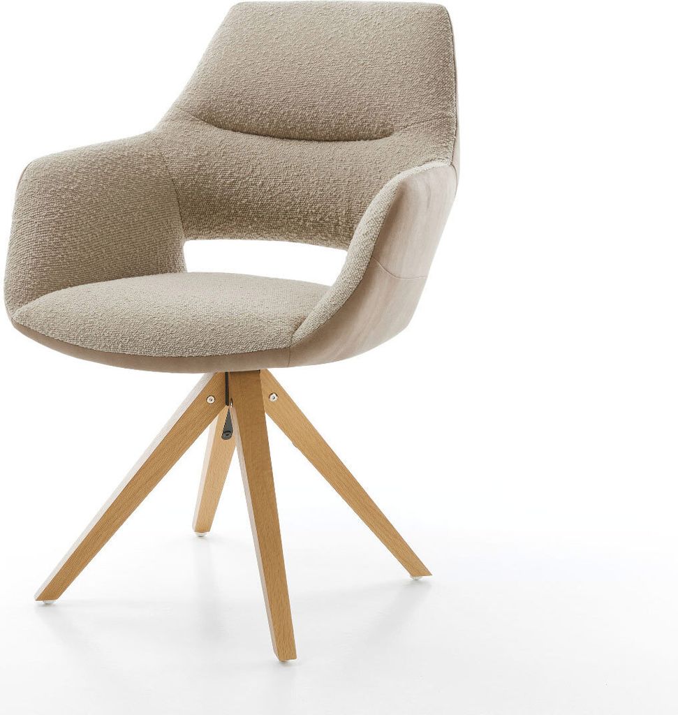 DELIFE Drehstuhl Yago-Flex mit Armlehnen Materialmix Schlamm Holzgestell kantig Weiß 180° drehbar Taschenfederkern