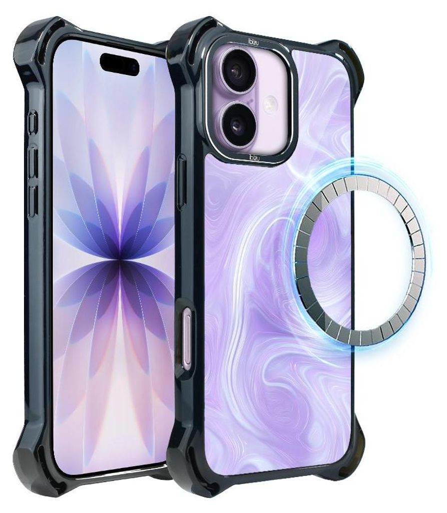 Schutzhülle für das iPhone 17, MagSafe-kompatibel, verstärkte Ecken, schwarz, violettes Muster, Wirbel