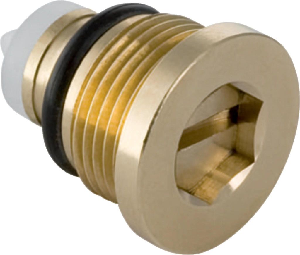 A close-up studio shot of a plumbing valve spindle.