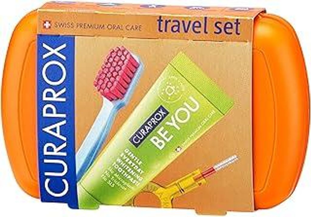 Curaprox Reiseset – Zahnbürste CS 5460 Mit be You-zahnpasta | 2 CPS Prime Interdentalbürsten 07 Und 09 | Zahnpflegeset 9,5 Cm X 6 Cm | Orange