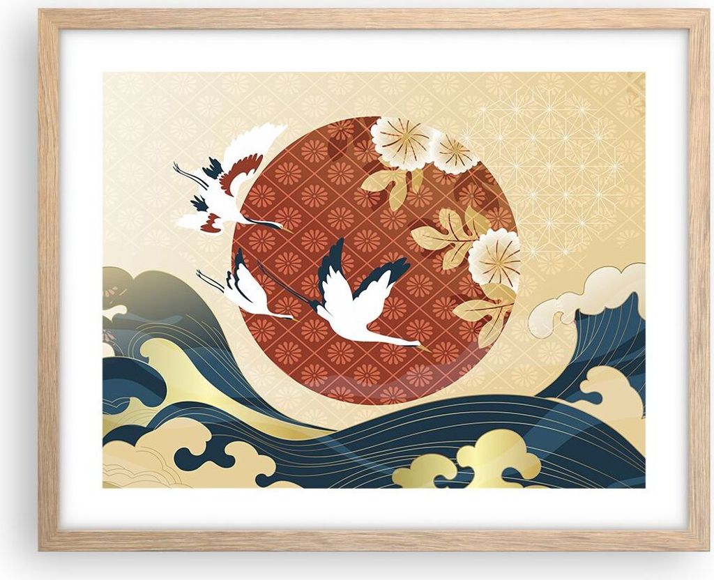 Gerahmtes Poster - Rahmen in heller Eiche - Reiher Sonne Meer - 50x40 cm - Wand Bild - Wanddeko - Wandbilder - Kunstposter - Wandposter - Bilderrah...
