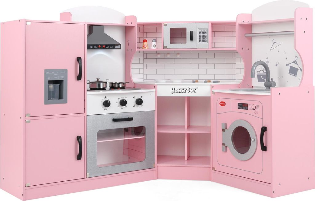 COSTWAY Eck Spielküche, Kinderküche mit Spüle, Eismaschine, Backofen, Kochgeschirr, Licht & Sound, Kinderspielküche, Holzküche für Kinder 3+Rosa