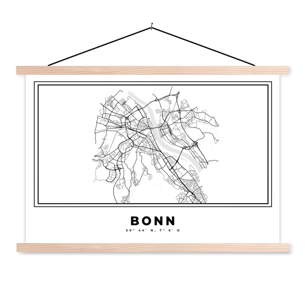 MuchoWow Textilposter Stadtplan - Deutschland - Schwarz und weiß - Bonn - Karte 120x80 cm mit holzfarbenen Rahmen - Aufhängeset