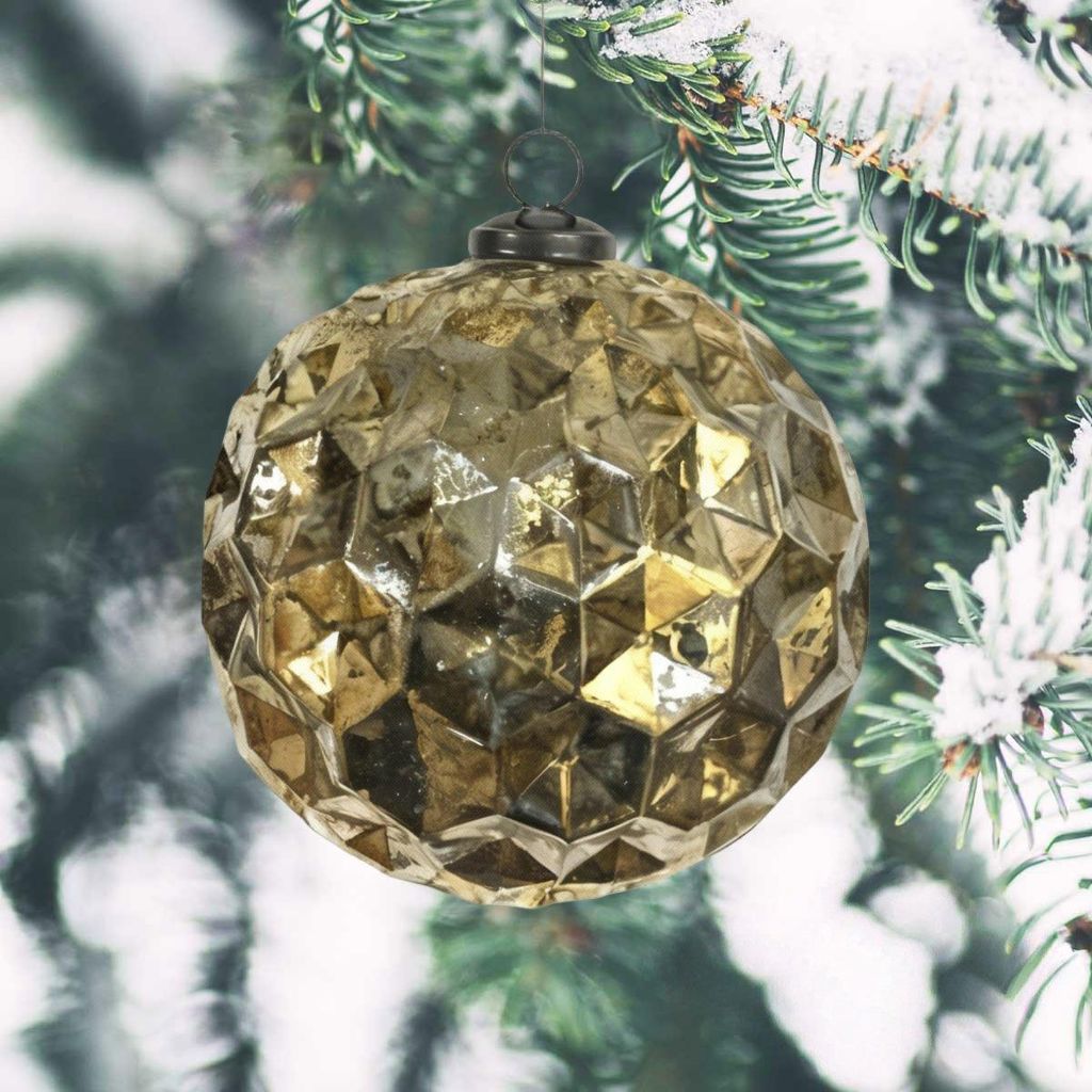 Weihnachtskugel Glas, Gold facettiert glänzend - handgemacht in Indien, 16 cm