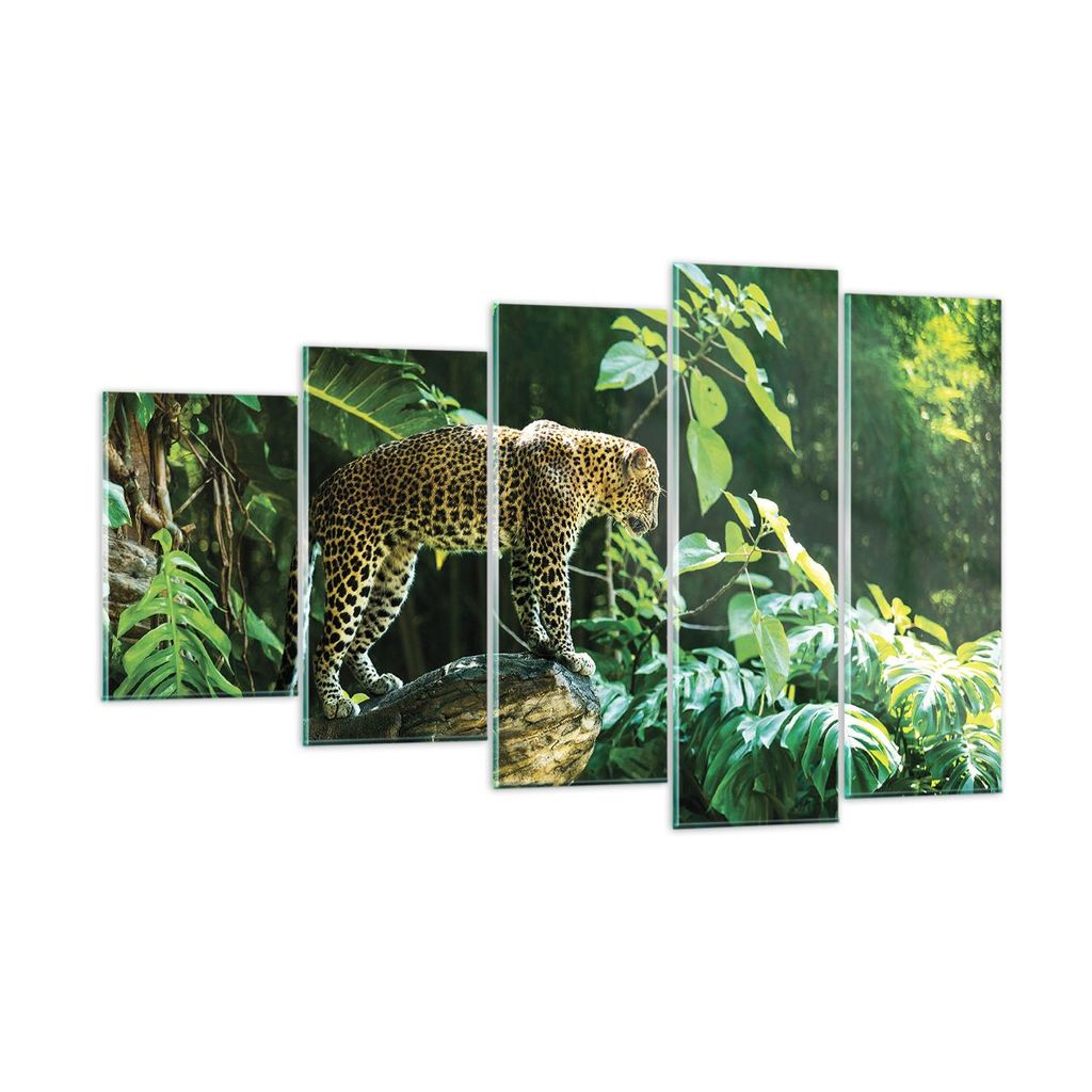 Bilder auf glas - 5 Teile - Dschungel Leopard Panther - 100x60cm - Glasbilder - Wandbilder - Bilder - zum Aufhängen bereit - Wanddekoration aus Gl...
