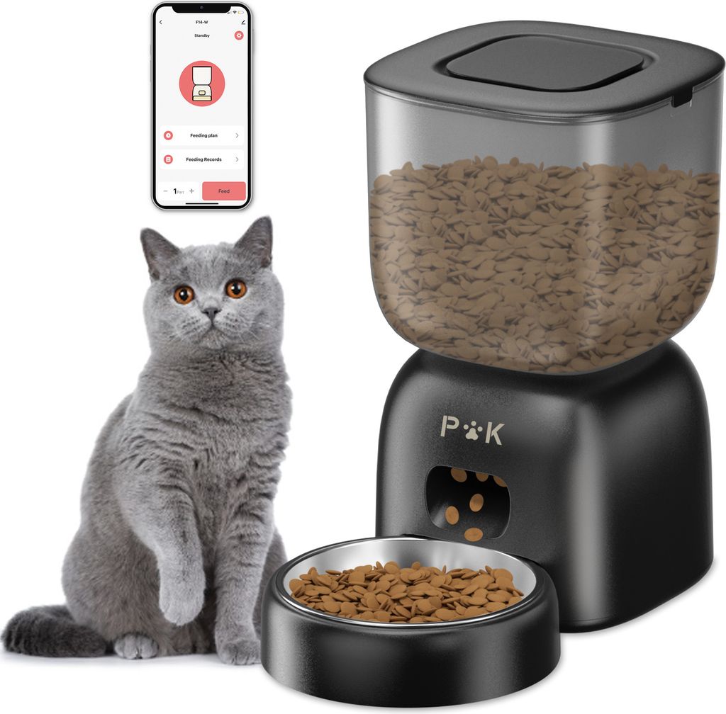 Balimo Futterautomat Automatischer Schwarz, Katze und Hund, Futterautomat mit App, Sprachaufzeichnung, Futterautomat für Hunde, WiFi, 3L