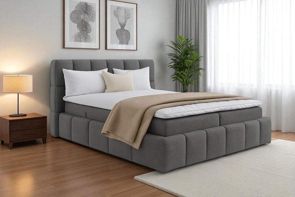 KSHOMECONCEPT Boxspringbetten AURA mit Taschen Matratze H4 und Topper, Zwei Bettkasten 160x200 cm, Dunkelgrau