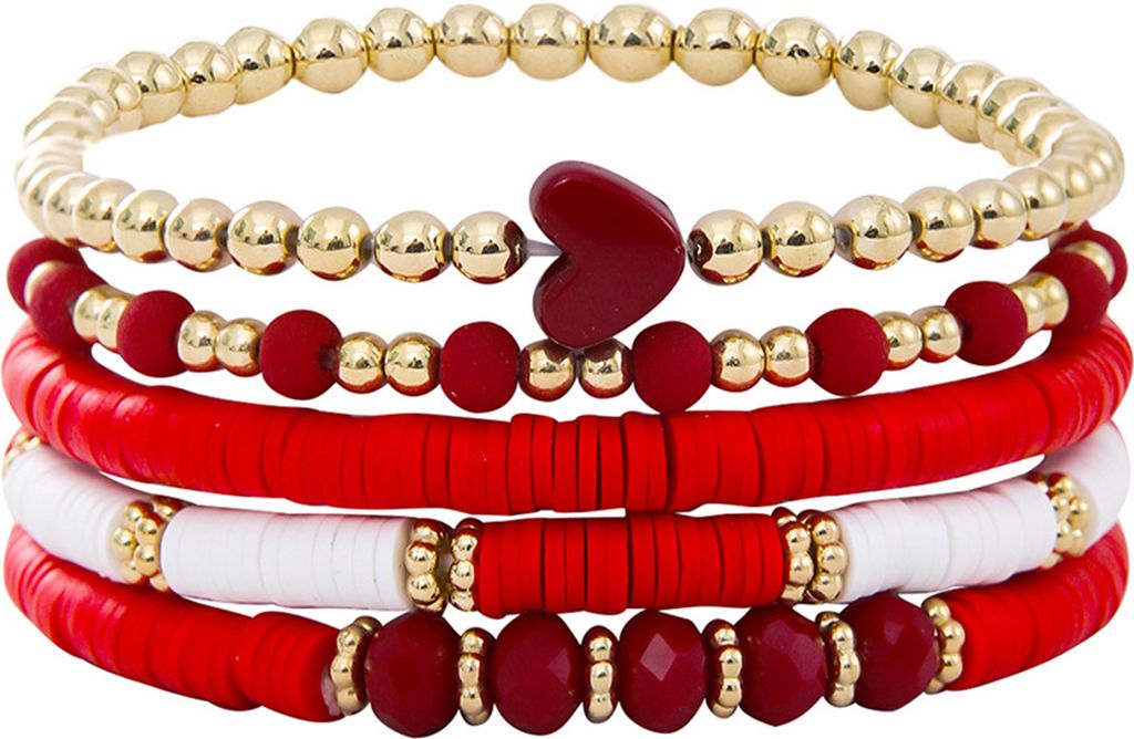 5 Stück böhmische Armbänder aus Polymer-Ton, mehrschichtige Stapelperlen in Herzform, Schmuck in Kontrastfarbe für Strand, Arbeit, Party, Urlaub