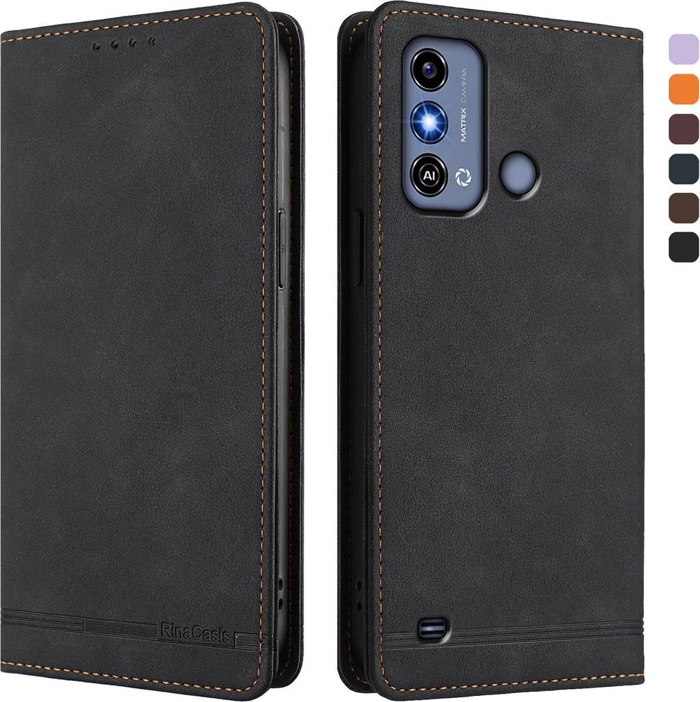 Hülle für ZTE Blade A53, Retro Kunstleder Ständer Klapphülle mit Kartenfächer und Magnetische Schwarz