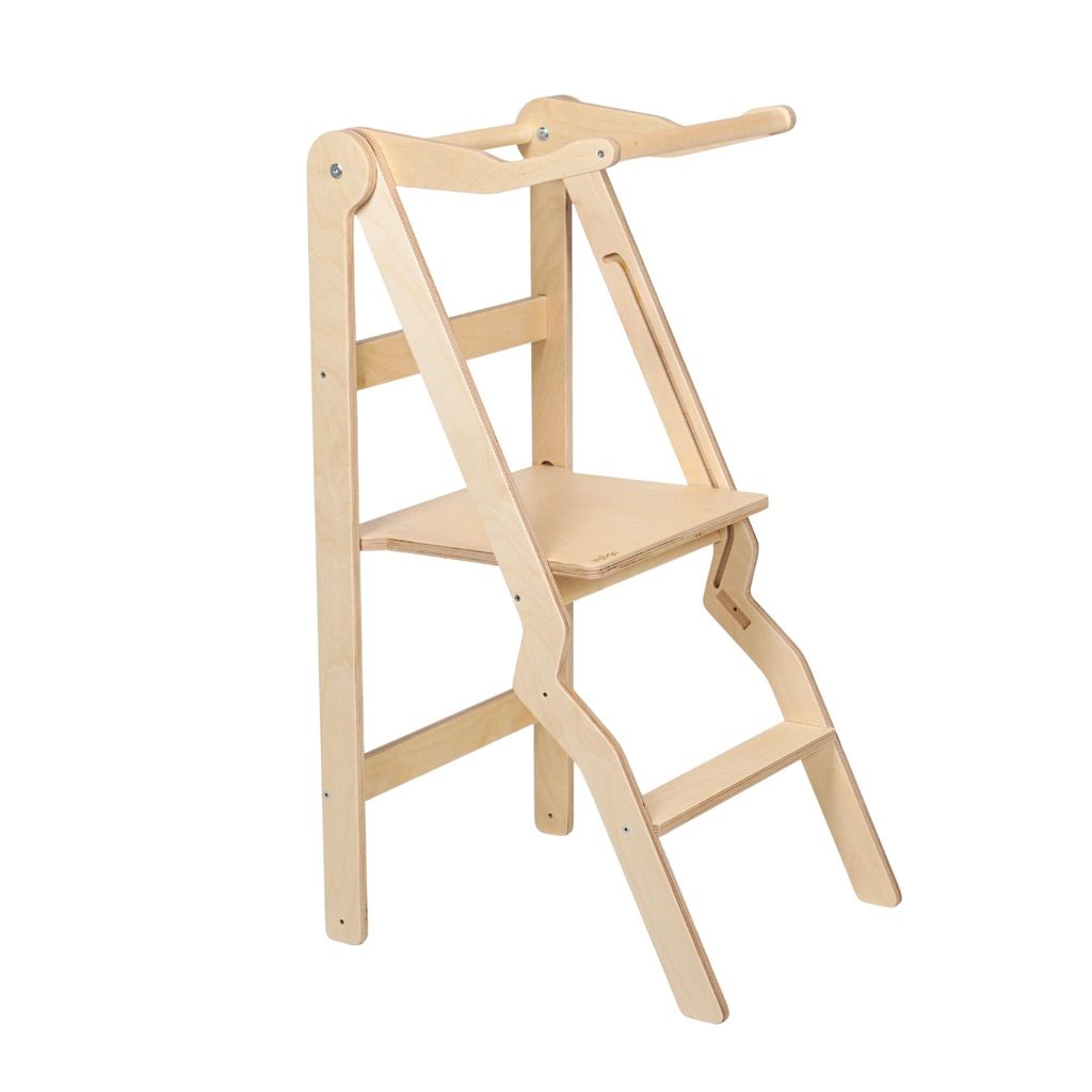 leg&go Klappbarer Lernturm aus Holz ZigZag mit extra Sicherheitsgeländer, Naturholz