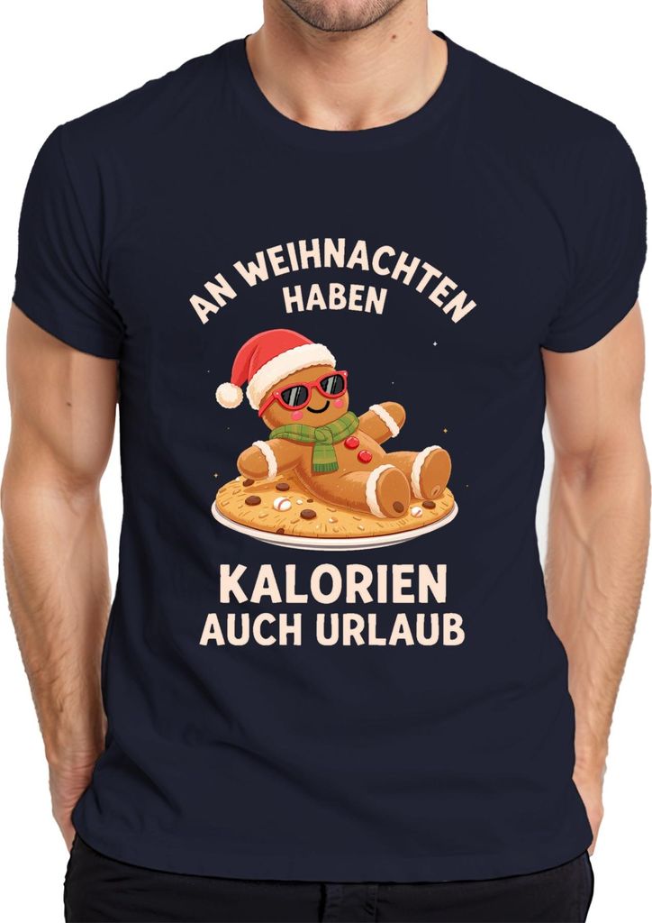 Lebkuchenmann Weihnachten Kalorien Urlaub Sonnenbrille Lustig Herren T-Shirt, Navy, M