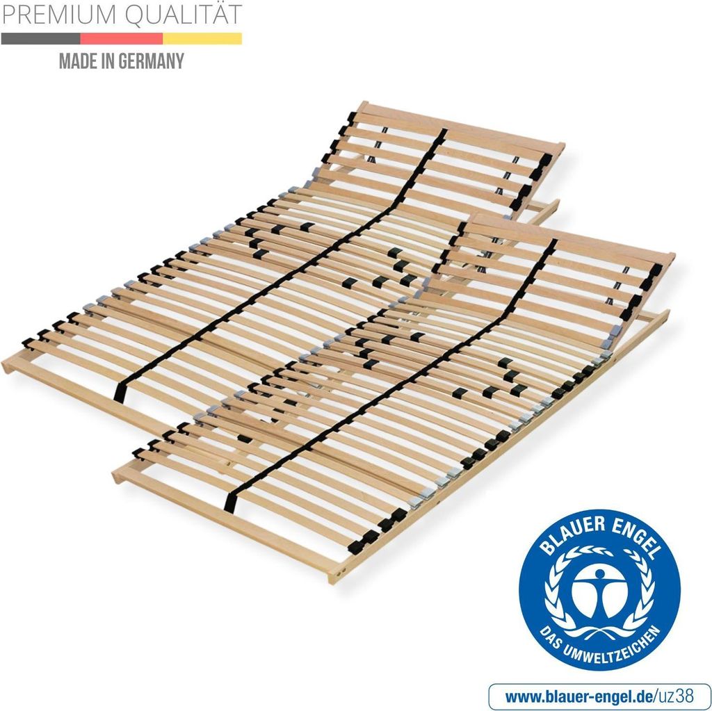 Verstellbarer Lattenrost 200x200, 7 Zonen, 28 flexible Leisten, 2x Lattenrost 100x200, hergestellt in Deutschland, Rahmen aus stabilem Buchenhoz, b...