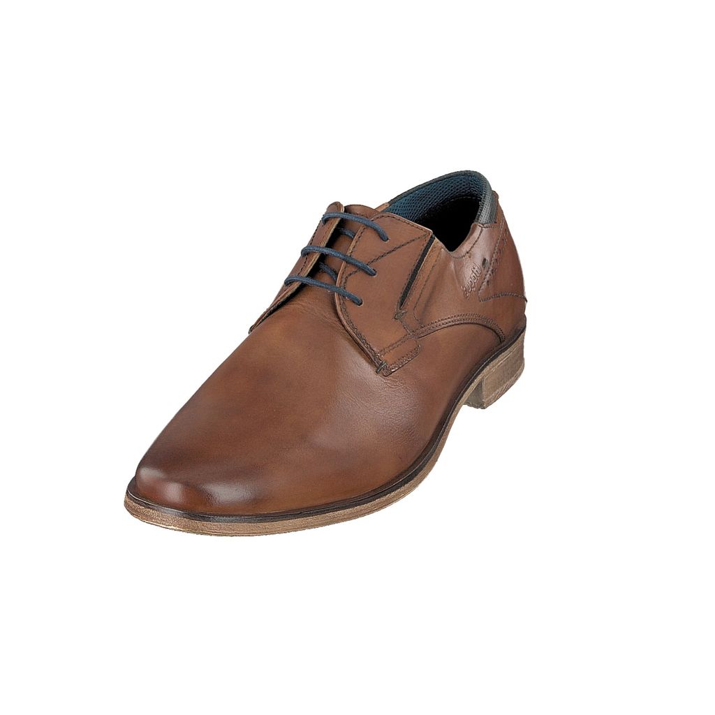 A single brown leather shoe is shown against a white background.