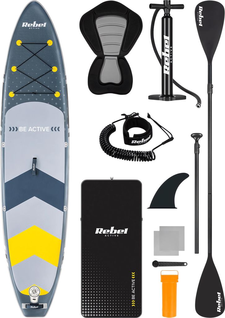 A collection of stand-up paddleboard accessories laid out on a white background.