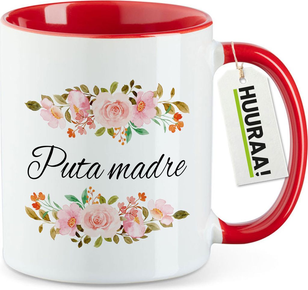Huuraa Kaffeetasse Puta madre spanisch Blumen 330ml Rot Keramik Kaffeebecher Geschenkidee