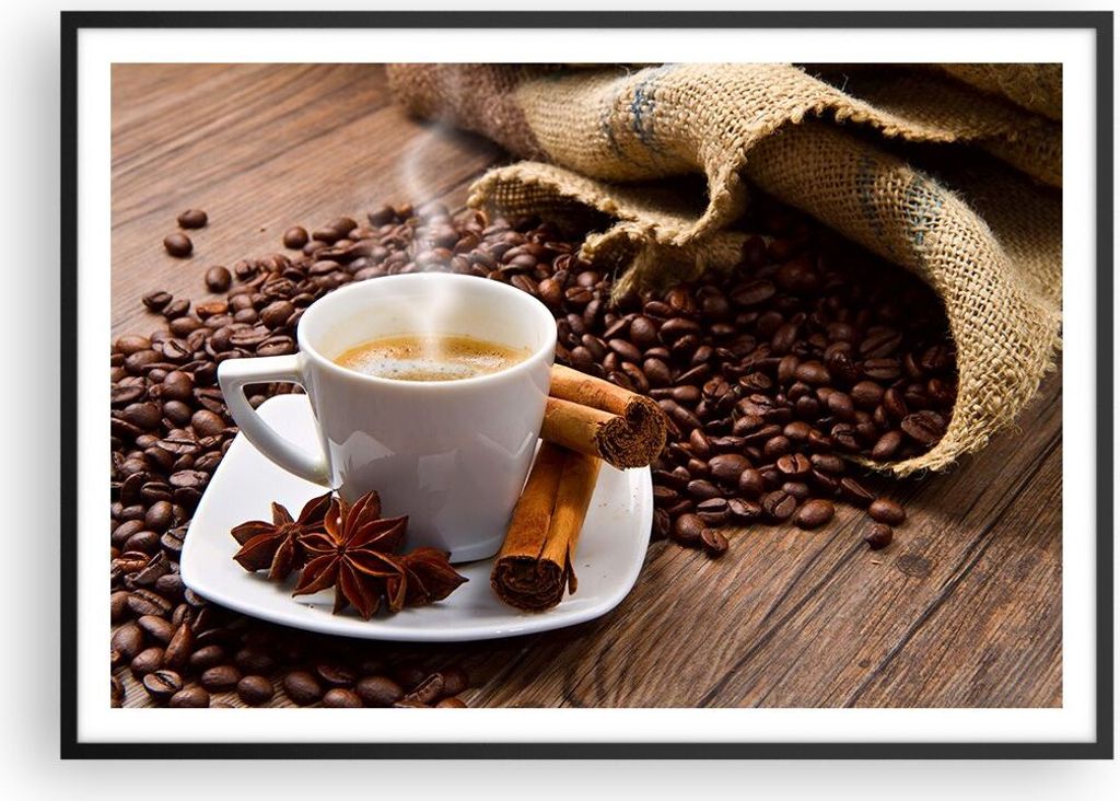 Gerahmtes Poster - Schwarzer Rahmen - Kaffee schwarz Frühstück Schokolade - 100x70 cm - Wand Bild - Wanddeko - Wandbilder - Wandposter - Bilderra...