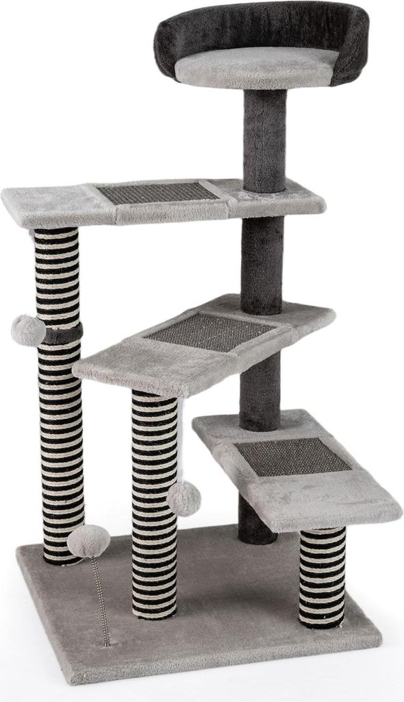 GOPLUS 3-stufige Katzentreppe, 2 in 1 Kratzbaum mit Sisal-Kratzpfosten, Plüschball, Sisal-Kratzmatten & Liegebett, Katzenbaum für Katz