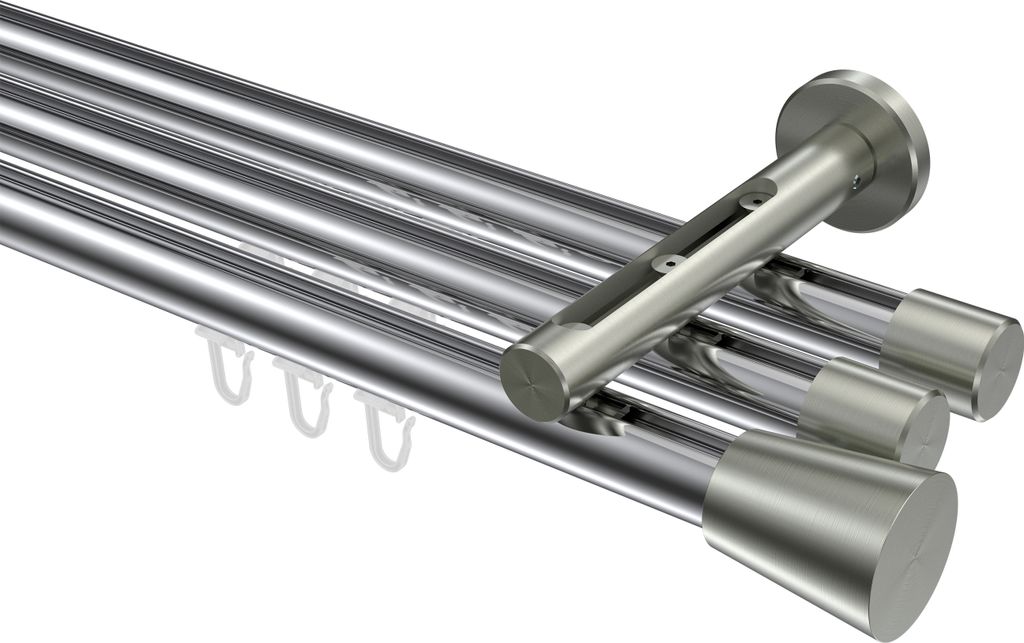 Interdeco Innenlaufstange / Gardinenstange mit Innenlauf Chrom / Edelstahl-Optik, Typ Siteno Sitra (Konus), 20 mm Ø 3-läufig, 140 cm