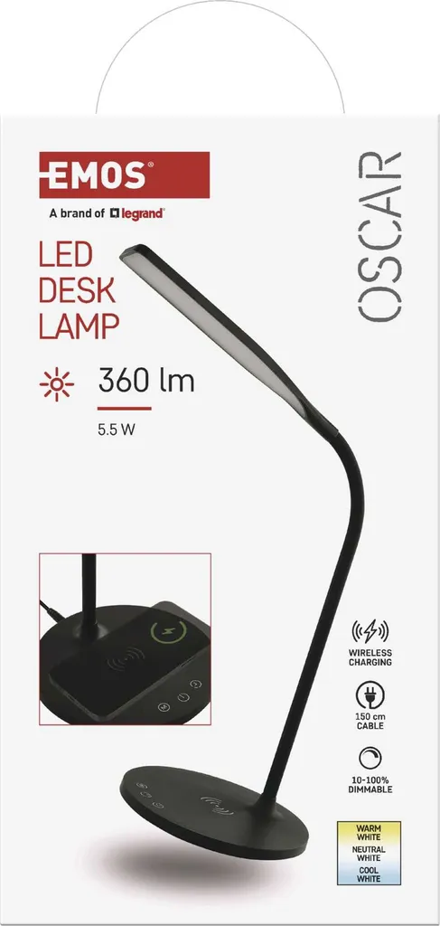 Lampada LED EMOS OSCAR 5.5W Nera | Ricarica Wireless e CRI 90+ | EMOS Z7637B - 12