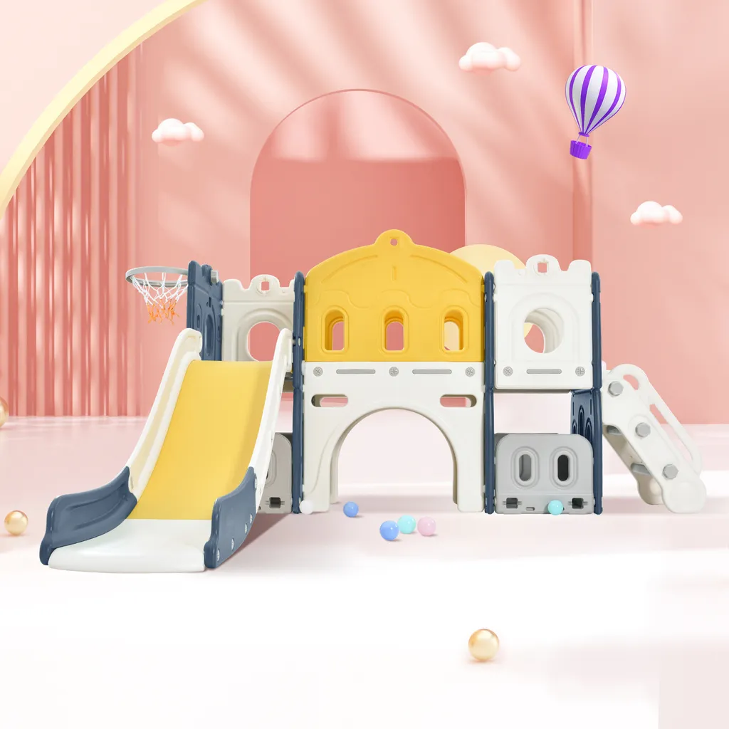 Aire de Jeux de Jardin 6 en 1 pour Enfant avec Toboggan et Zone de Basket