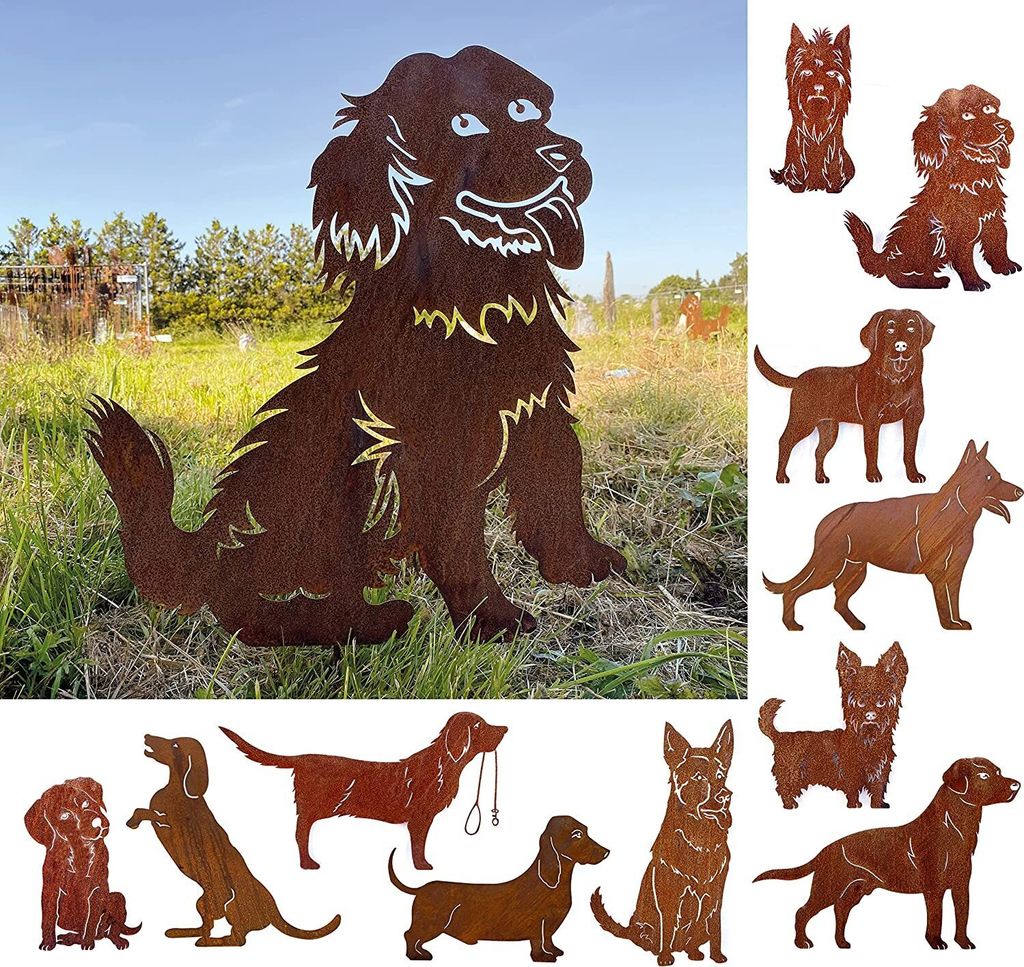 Gartenfigur Hund mit Zunge 50x45cm Gartenstecker Edelrost Gartendeko Wetterfest Rost Metall Rostfigur Hunde Figur Tier