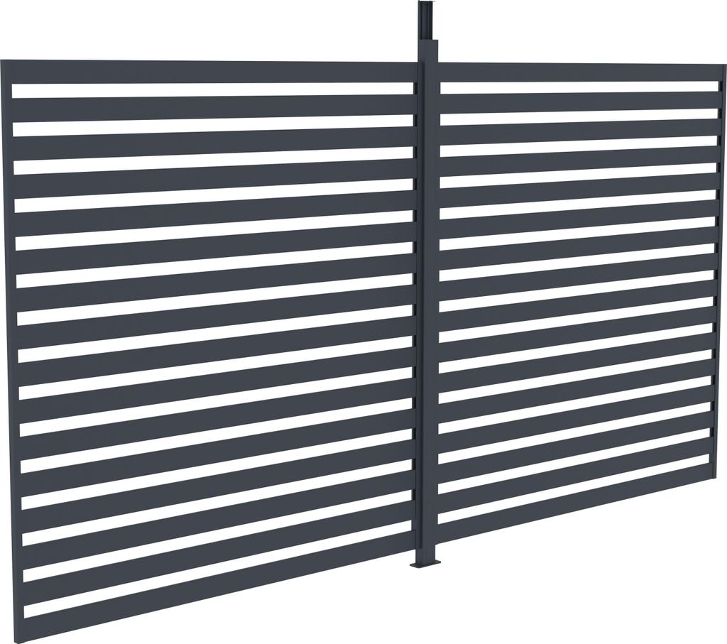 A dark gray slatted fence panel with a vertical support post.