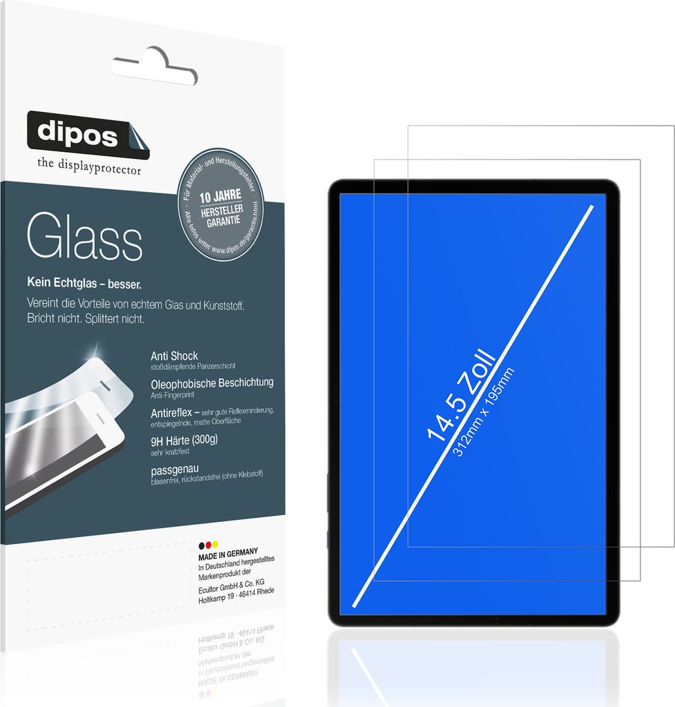 2x Schutzfolie für Tablet 14.5 Zoll (312mm x 195mm) matt - Anti-Shock 9H Folie dipos Glass Kunststoffglas