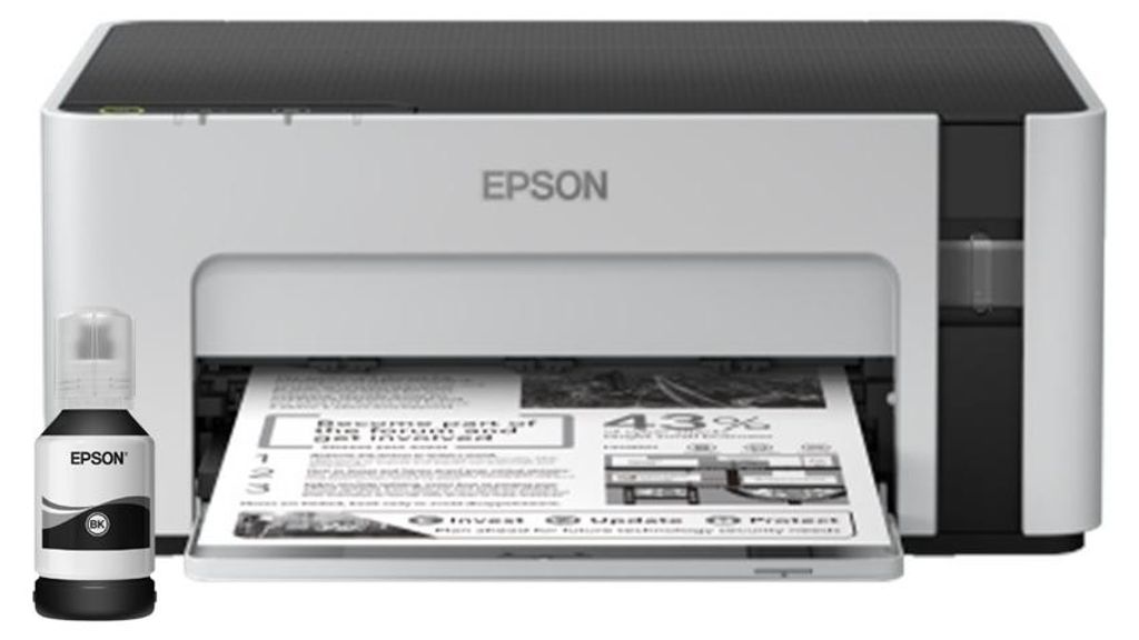 A white Epson EcoTank M1100 printer is shown with a bottle of black ink next to it. The printer is printing a document.