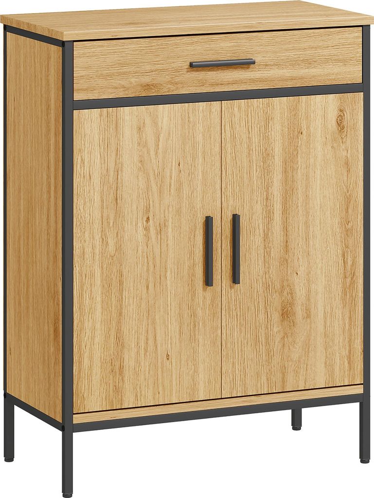 Badezimmerschrank, zweistufige Regale, große Schublade, Industriestil, Eichenoptik