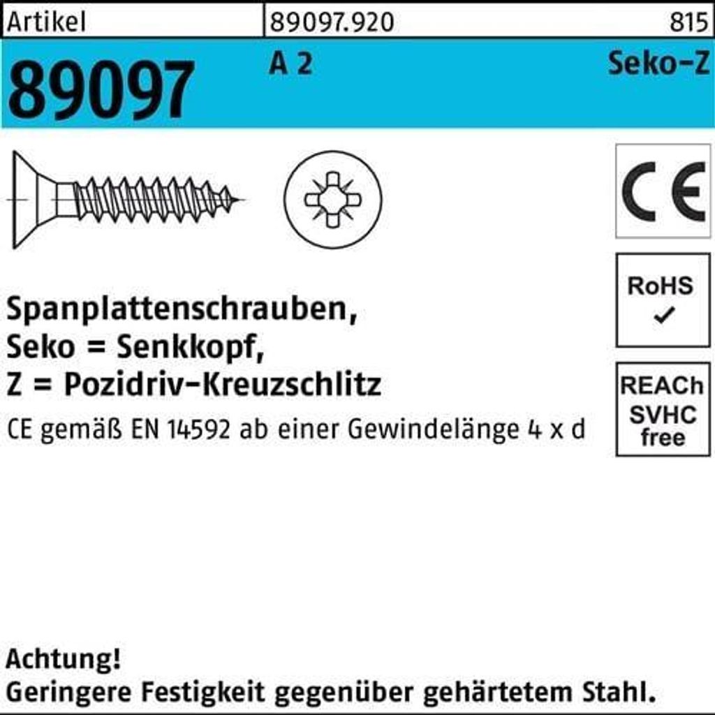 Reyher Spanplattenschrauben 89097 Seko A 2 4,5x35-Z (500 Stück)