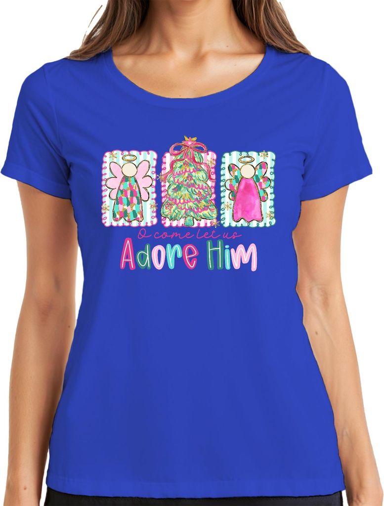 O come let us Adore Him Engel Weihnachtsbaum Christlich Pastell Damen T-Shirt, Blau, XXL