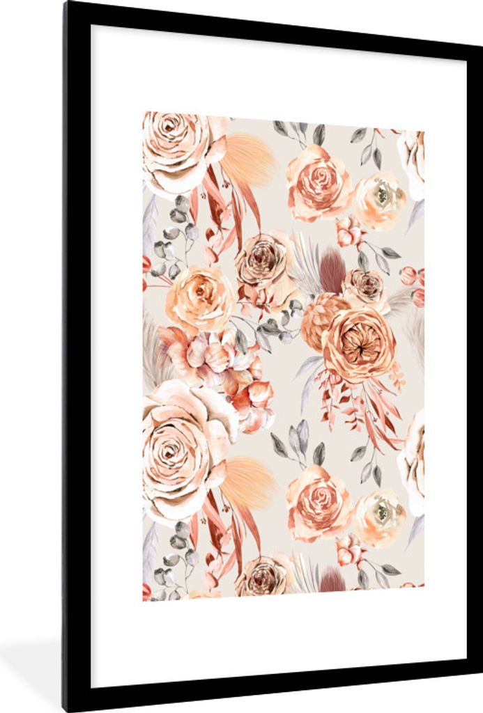 MuchoWow Gerahmtes Poster Blumen - Braun - Grau 60x90 cm - Poster mit Schwarzem Bilderrahmen Wandposter Rahmen Foto Bilder - Dekoration - Wandpos...