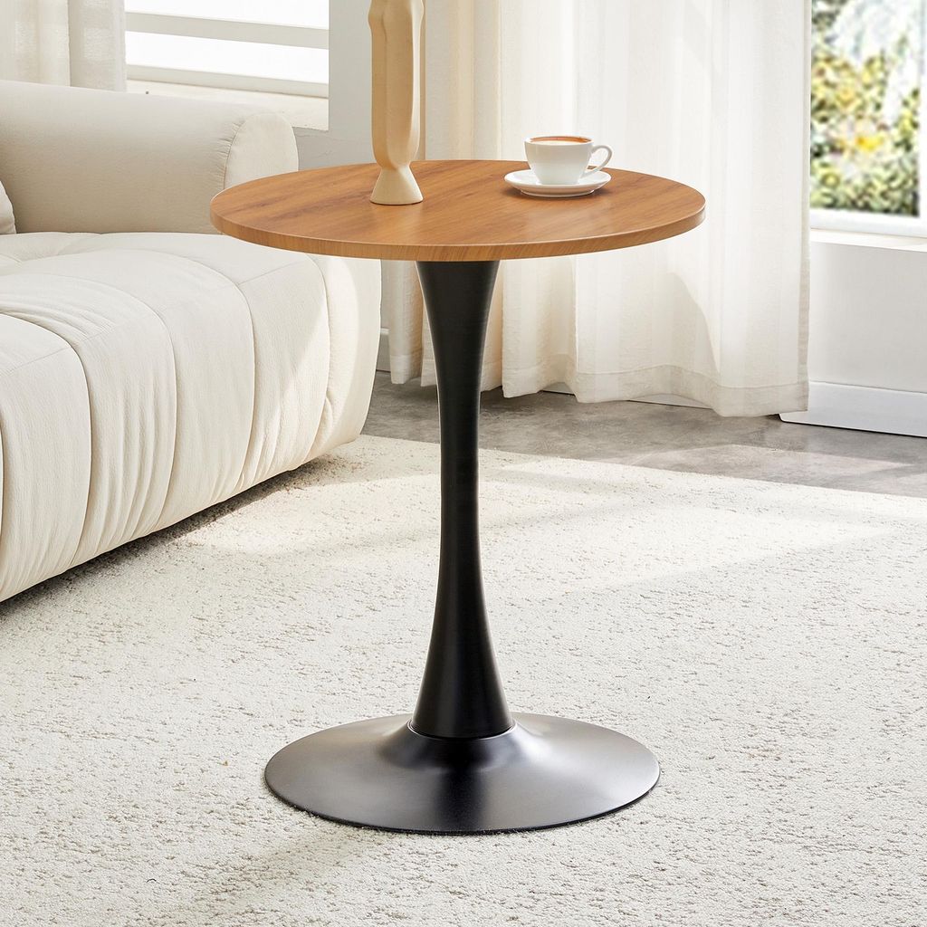 Runder Beistelltisch, 60cm kleiner Couchtisch, Kaffeetisch mit Holzmaserungs-Optik und schwarzer Stützfuß, für Wohnzimmer, kleine Räume oder Büro