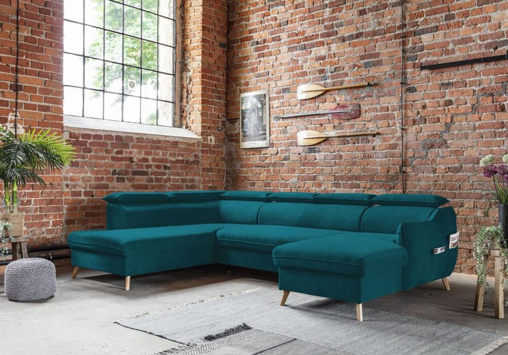 MIUFORM Sweet Harmony - Ecksofa mit Bettfunktion und Bettkasten U-FORM LINKS - 321x208cm - Velours Türkis - Sofa Schlafsofa Couch