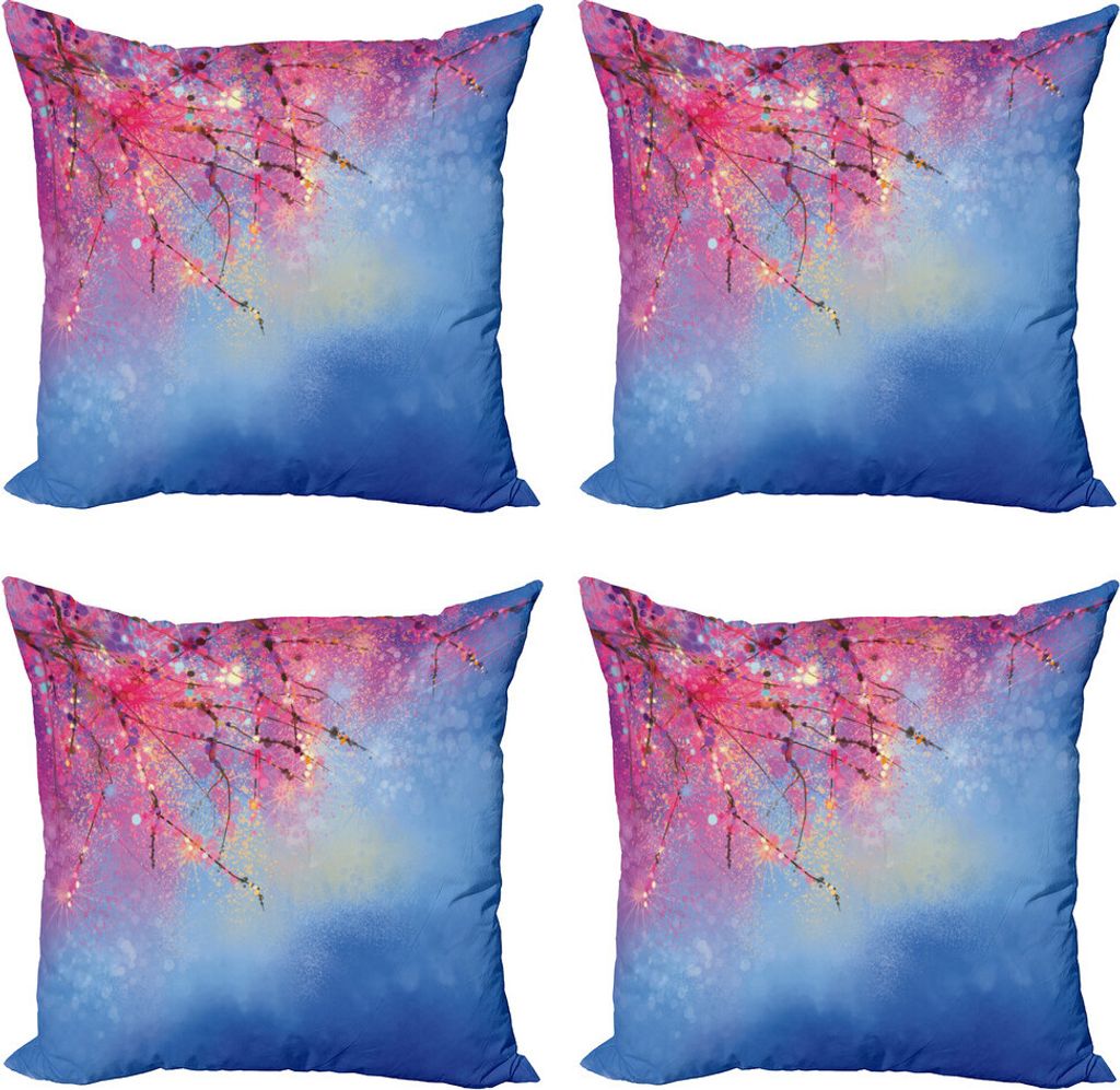 ABAKUHAUS Blume Kissenbezug Set (4 Stück), Sakura Frühling, Moderner Doppelseitiger Digitaldruck, 40 cm x 40 cm, Pink Blau