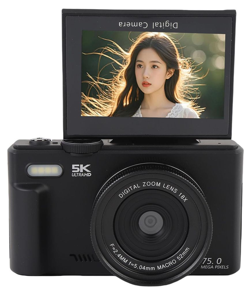 5K HD Digitalkamera 75MP UHD 18XAF Autofokus 3 Zoll Flip Screen WiFi Kamera mit Blitz für Fotografie und Video Schwarz