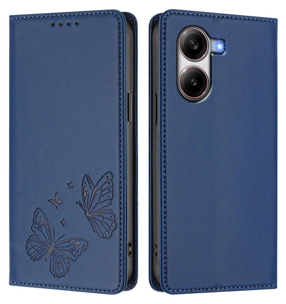 Lederhülle für Xiaomi Poco X7 Pro, Schmetterling Prägung Leder Brieftasche Schutzhülle mit Ständer Dunkelblau