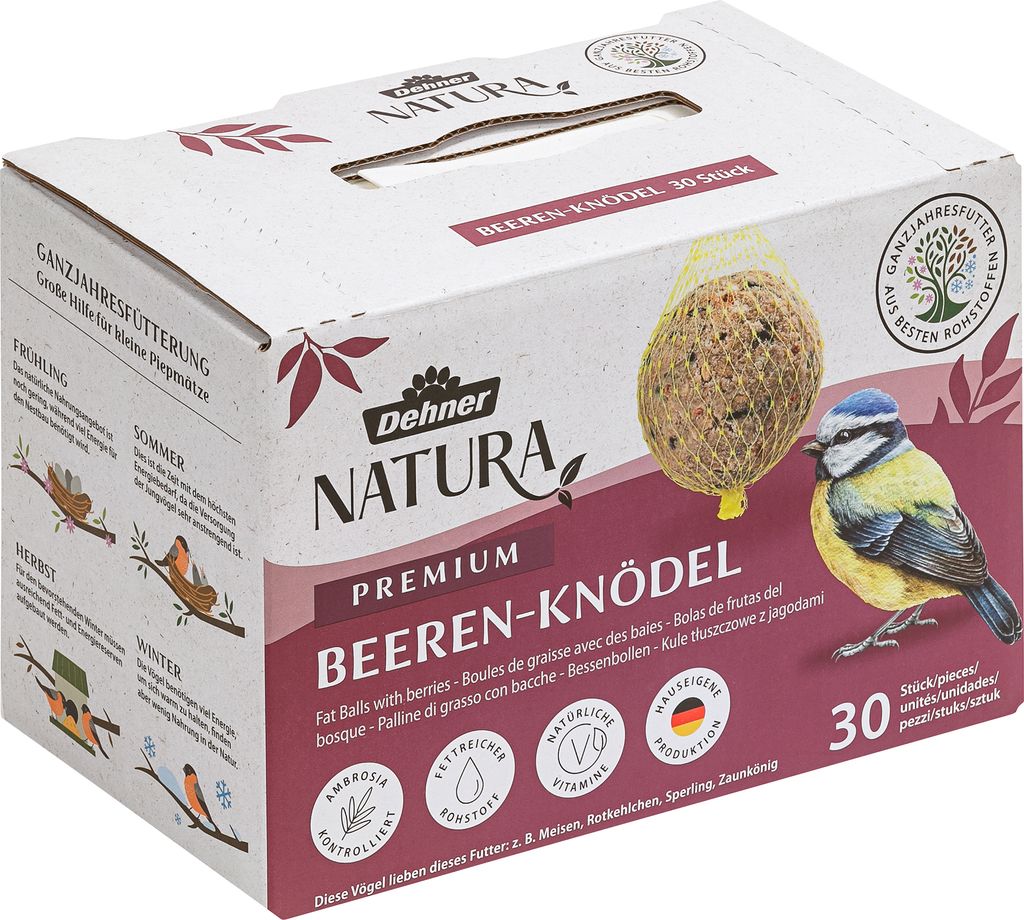 Dehner Natura Premium Meisenknödel mit Netz, Beerenknödel, ganzjähriges Wildvogelfutter proteinreich / energiereich, 30 Stück je 90 g (2.7 kg),...
