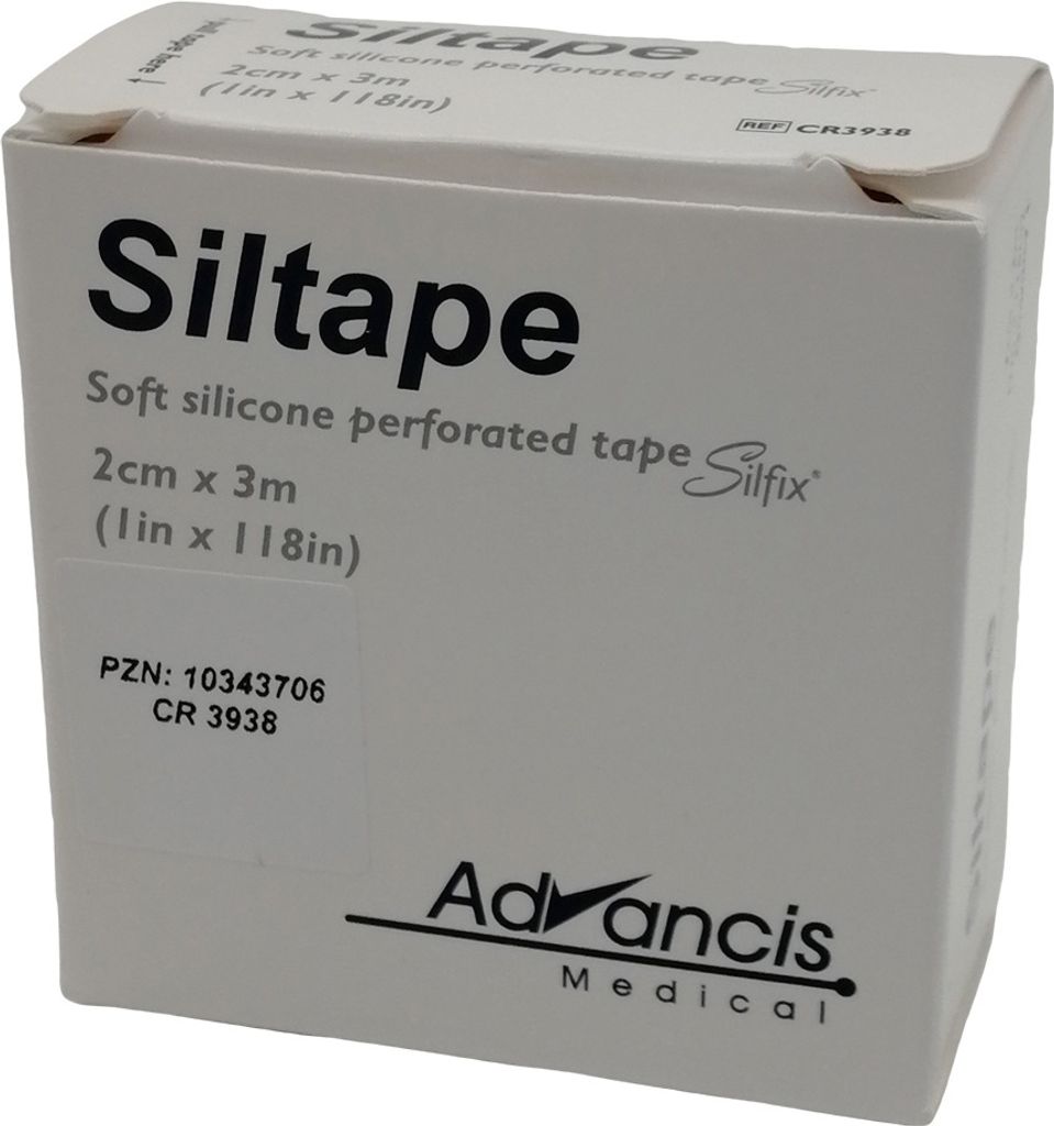 A white cardboard box for Siltape soft silicone perforated tape.