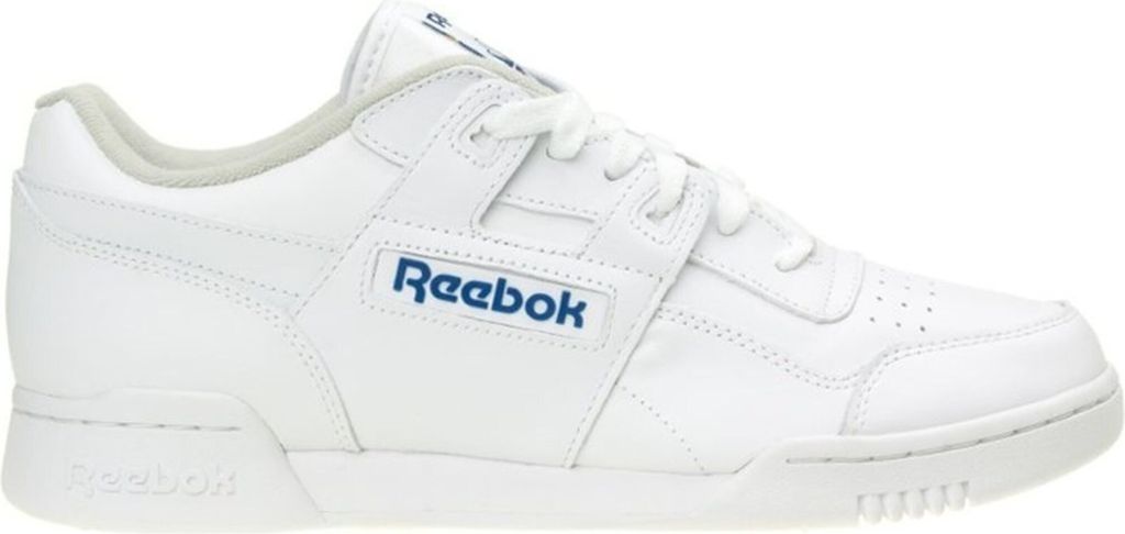 A white Reebok sneaker is shown from the side against a white background.