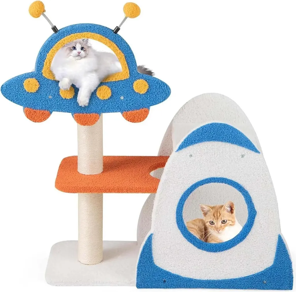 Arbre à chat bleu avec maison fusée et colonnes à griffer en sisal
