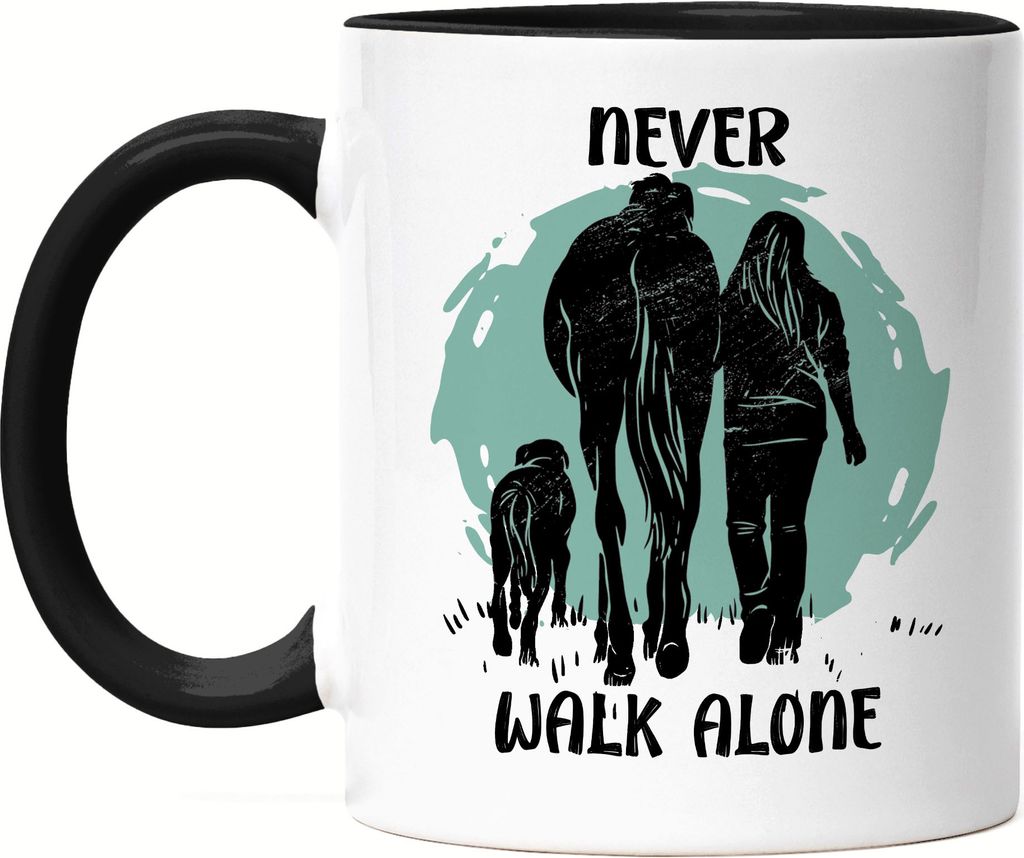 Never Walk Alone Tasse Schwarz Tiere Tierliebe Pferd Hund Pferdeflüsterer Natur Wald Spaziergang Liebe Reiten