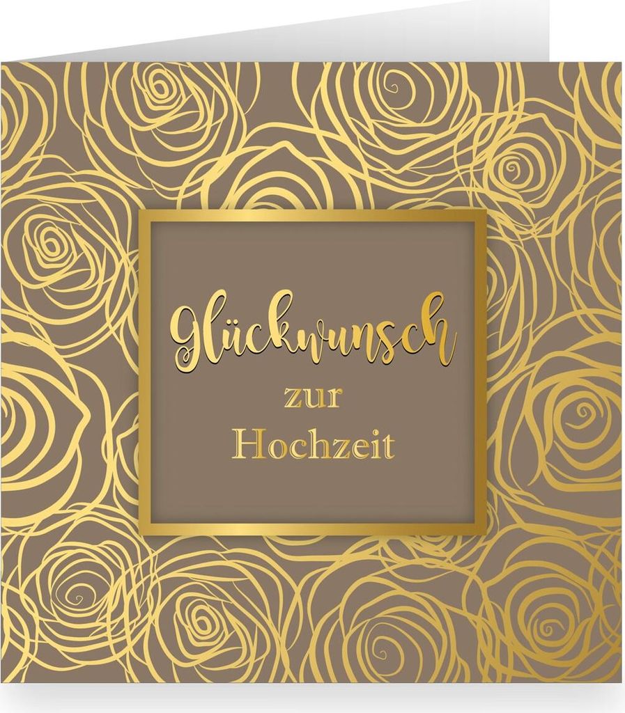 Feine Hochzeitskarte mit Rosen Blüten edel üppig in Gold Optik innen weiß , braun: Glückwunsch zur Hochzeit