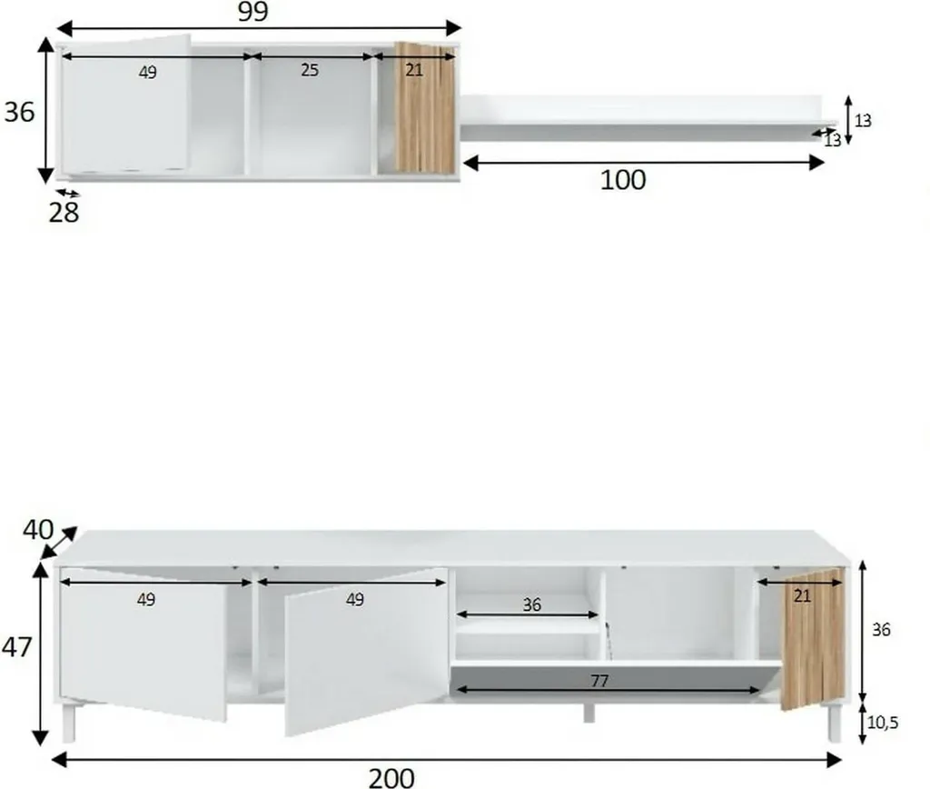 Grand Banc TV Blanc 200 cm Banari - Buffet Bas Salon 6 Compartiments