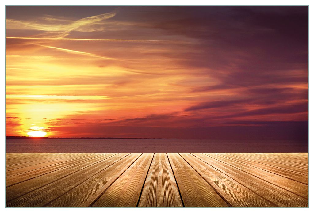 Wallario Küchenrückwand aus Glas, Größe: 90 x 60 cm, Motiv: Steg am See - Sonnenuntergang und roter Himmel | Spritzschutz | abwischbar | pflege...