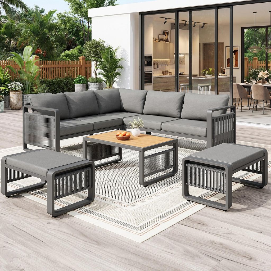 Merax Garten Loungesessel Set für 6–7 Personen, handgewebtes Seil-Gartensofa mit Tisch und Hockern, wetterfeste Outdoor-Ecklounge mit Kissen, Grau