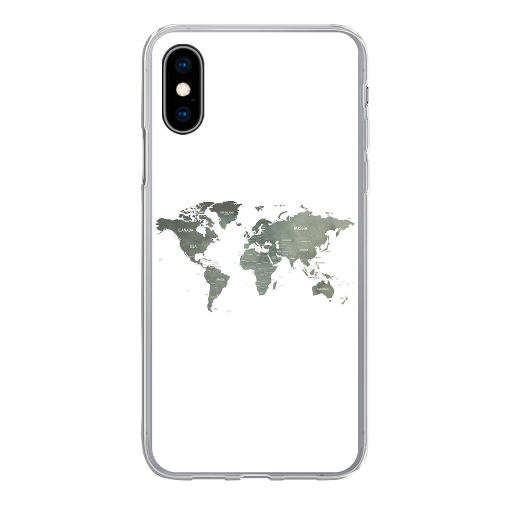 MuchoWow Handyhülle Schutzhülle Hülle für iPhone X Weltkarte - Grün - Weiß Silikon Softcase Handy Hülle - Handyhülle