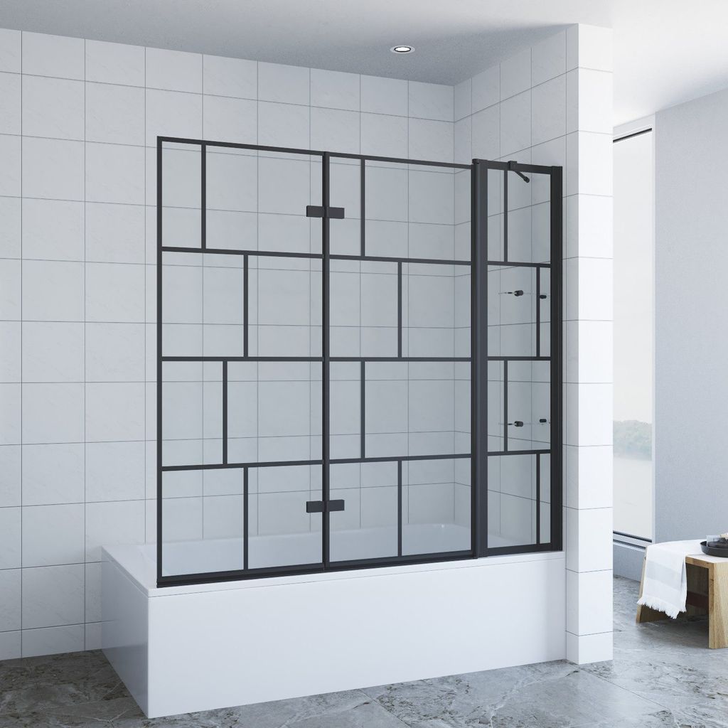 Badewannenfaltwand 3-teilig faltbar Duschabtrennung für Badewanne schwarz kariert aus 5mm ESG mit Duschablage Faltwand für Badewanne Nano Beschi...