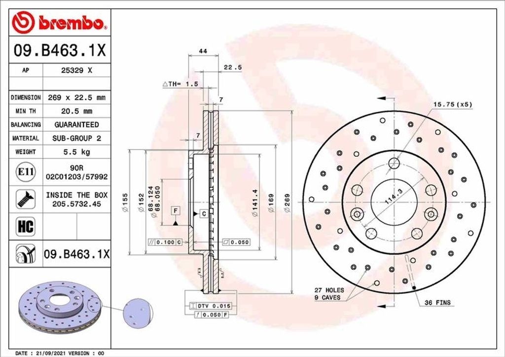 2x BREMBO Bremsscheibe 09.B463.1X für RENAULT Megane IV Grandtour (K9A/M/N_)