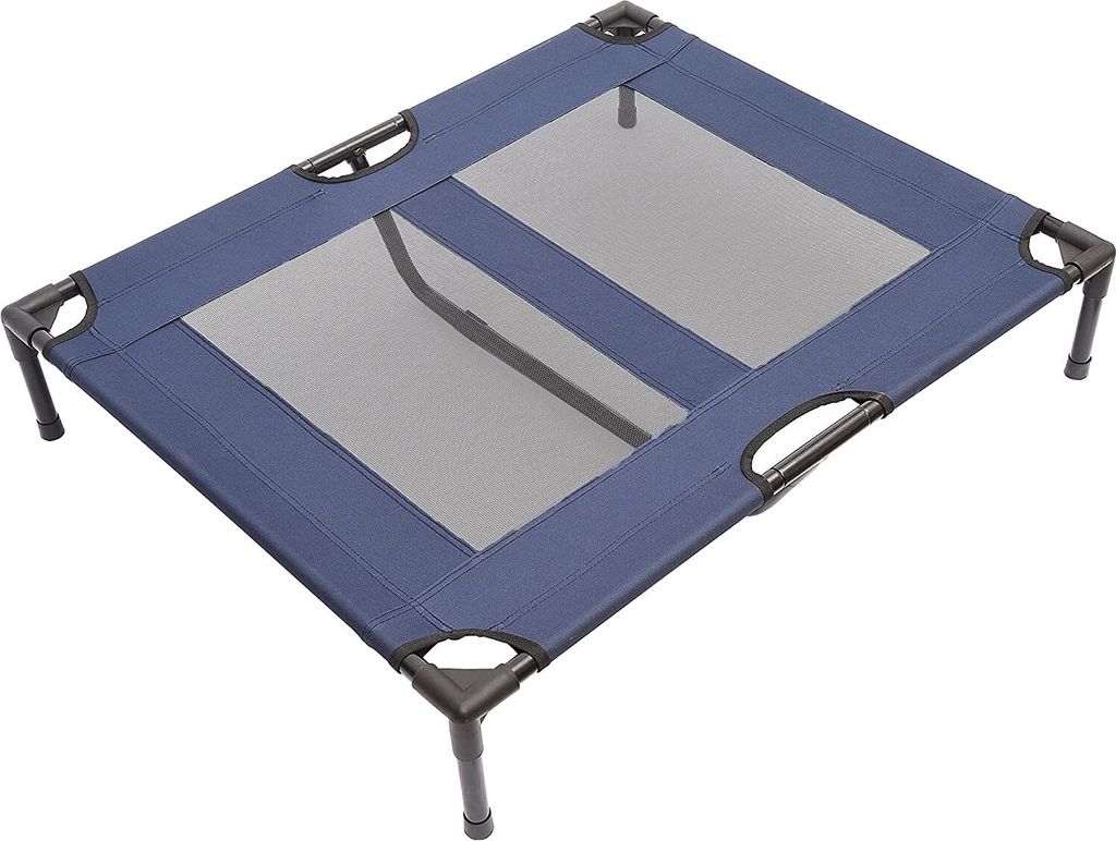 A blue and gray elevated pet bed with a mesh surface, shown from a slightly elevated angle against a white background.
